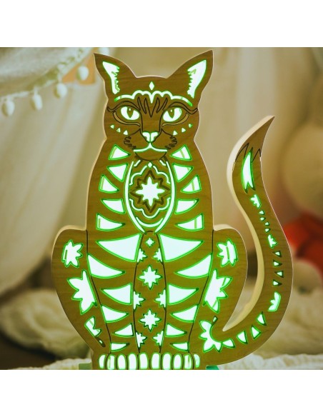 Lampada Gatto LED Smart Double-Sided Artigianale in Legno | FlamboFun